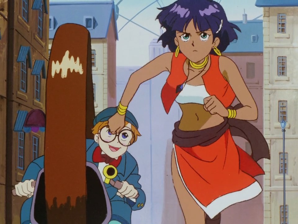 Nadia running away from her would-be captors, Jean following her in a motorised unicycle